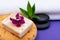 Spa Wellness Concept. Natural Foam Bath&Shower Sea Sponge, Almond Goat`s milk Soap, Basalt Stones, Bamboo and Orchid Flower