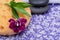 Spa Wellness Concept. Natural Foam Bath & Shower Sea Sponge, stacked Basalt Stones, Bamboo, Orchid Flower and Lavender Epsom Salt