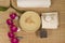 Spa and Wellness setting with natural accessories Stones, towel, Orchid