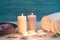 spa wellness setting with sea salt illuminated candles. High quality photo