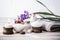 Spa and wellness setting with sea salt, towels, candles and orchid flowers, beauty treatment items for spa procedures on a white