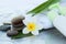 Spa or wellness setting with tropical flowers. Cream tubes on the towel. Body care and spa concept