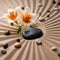 Spa zen composition with stones and flower on yellow sand, shallow depth focus. Spa stones and lily flower on sand with creative