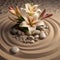 Spa zen composition with stones and flower on yellow sand, shallow depth focus. Spa stones and lily flower on sand with creative