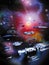 Space adventure, futuristic, spaceships fleet near a nebula and supernova, 3d illustration