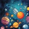 A space adventure with planets and stars, in a kids crayon art style