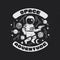 Space adventure vector illustration, poster, t-shirt design. Monochrome cartoon astronaut holding a blaster with constellations,