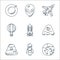 space and aircraft line icons. linear set. quality vector line set such as earth, rocket, ufo, alien, spaceship, hot air balloon,