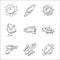 space and aircraft line icons. linear set. quality vector line set such as saturn, rocket, pistol, ufo, aeroplane, satellite dish