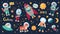 Space animal kids. Cartoon baby astronauts with stars and planets and spaceships. Vector doodle animals in space