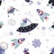 Space animals pattern. Cute cartoon baby astronauts seamless print, doodle animals in cosmos with stars and planets