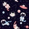 Space animals pattern. Seamless black background with cosmic spaceship planets stars and cats wearing spacesuits