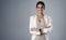 Space, arms crossed and portrait of business woman in studio for professional, natural and mockup. Happy, corporate and