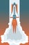 Space art, rocket launching vector retro style illustration. Shultte with steam