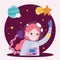 Space astronaut girl planet and shooting star cute cartoon