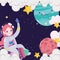 Space astronaut girl in rocket planets clouds stars galaxy cute cartoon