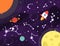 Space background. Colorful galaxy with nebula, planets, stars, milky way, constellation, Earth, rocket, Moon, Sun, black