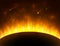 Space background with gold light. Sun planet. Solar eclipse. Bright realistic sun with rays, glow and sparks. Sunshine