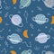 Space background for kids Planet with crescent moon seamless pattern design in cartoon style.