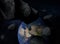 Space background with planet earth and comets. Giant asteroids are approaching the Earth. Realistic Meteorite. 3D Rendering