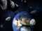 Space background with planet earth and comets. Giant asteroids are approaching the Earth. Realistic Meteorite. 3D Rendering