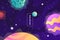 Space background. Planets, universe and asteroids. Template for background, banner, landing, card. Cartoon vector illustration.