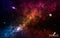 Space background realistic. Cosmos with stardust and shining stars. Spiral galaxy with planet, milky way and colorful