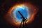 Space background with silhouette of telescope. The Helix Nebula