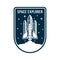 Space badge with rocket and spaceship launch. Vintage astronaut label or patch for embroidery in space concept