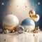 space balloones planets and space ships as birthday baby photography backdrop, bege and blue metallic balloons, gold stars