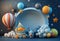 Space balloones planets and space ships as birthday baby photography backdrop, space birthday backdrop
