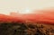 Space base radar dish on planet Mars, sunset landscape