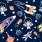 Space birthday background with rockets, planets, stars, cosmonauts