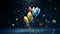 Space birthday celebration with foil balloons in the shape of bright space rockets against a dark blue background