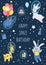 Space Birthday party greeting card template with cute animals in spacesuits. Anniversary cosmic poster or invitation for kids.