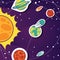 Space cartoon background with objects, comets, stars, sun and planets vector illustration. Exploring universe banner