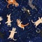 Space cats and constellations seamless pattern. Vector graphics