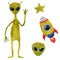Space clipart set, alien with rocket ship, hand drawn watercolor illustration