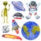 Space clipart set, spaceman, alien, earth, hand drawn watercolor illustration