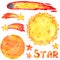 Space clipart set, sun, stars, comets, hand drawn watercolor illustration