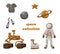 Space collection. Spacesuit and astronaut shoes, rover, astronaut food, the Moon, the planet Saturn