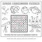 Space crossword puzzle. Alien with telescope,  planets and rocket. Coloring book for kids