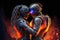 Space cyborgs love, Valentines day. Cyber Astronauts hug, relationship. Cyberpunk. 3d illustration