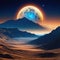 Space Desert landscape on the surface of another planet with mountains and giant moon in Extraterrestrial scenery of