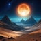 Space Desert landscape on the surface of another planet with mountains and giant moon in Extraterrestrial scenery of