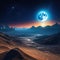 Space Desert landscape on the surface of another planet with mountains and giant moon in Extraterrestrial scenery of