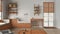 Space devoted to pet, pet friendly laundry room in orange and wooden tones with appliances and dog bath shower. Shelves with dog