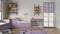 Space devoted to pet, pet friendly laundry room in purple and wooden tones with appliances and dog bath shower. Shelves with dog