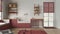 Space devoted to pet, pet friendly laundry room in red and wooden tones with appliances and dog bath shower. Shelves with dog food