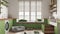 Space devoted to pet, scandinavian laundry room, wooden and green mudroom with window and sofa, dog bed, dog bath shower with